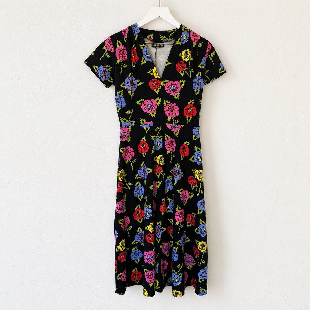 Nooworks Greta Roses Midi Dress M Black Floral Cotton USA Dopamine Art Teacher
